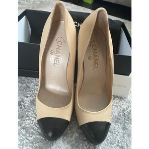 Authentic Chanel Nude Pumps with Black CC cap toe